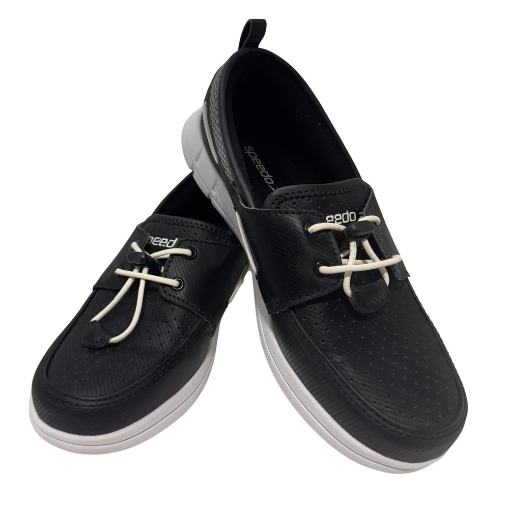 Speedo Womens Black White Perforated Bungee Water Boat Shoes Slip 8 On Sneakers